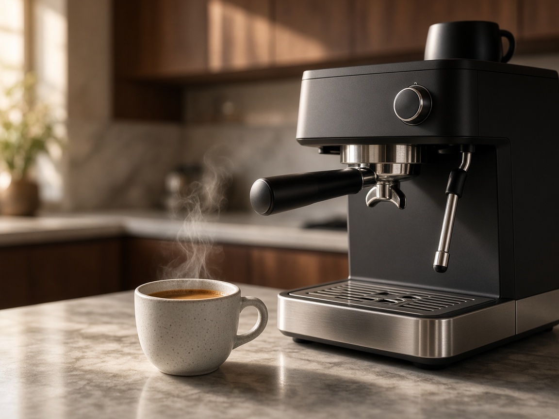 Espresso machine on a marble countertop beside a steaming cup of coffee