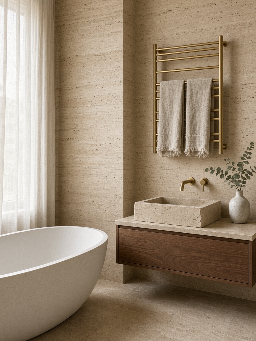 Travertine bathroom with a freestanding tub, walnut vanity, and a brass heated towel rail