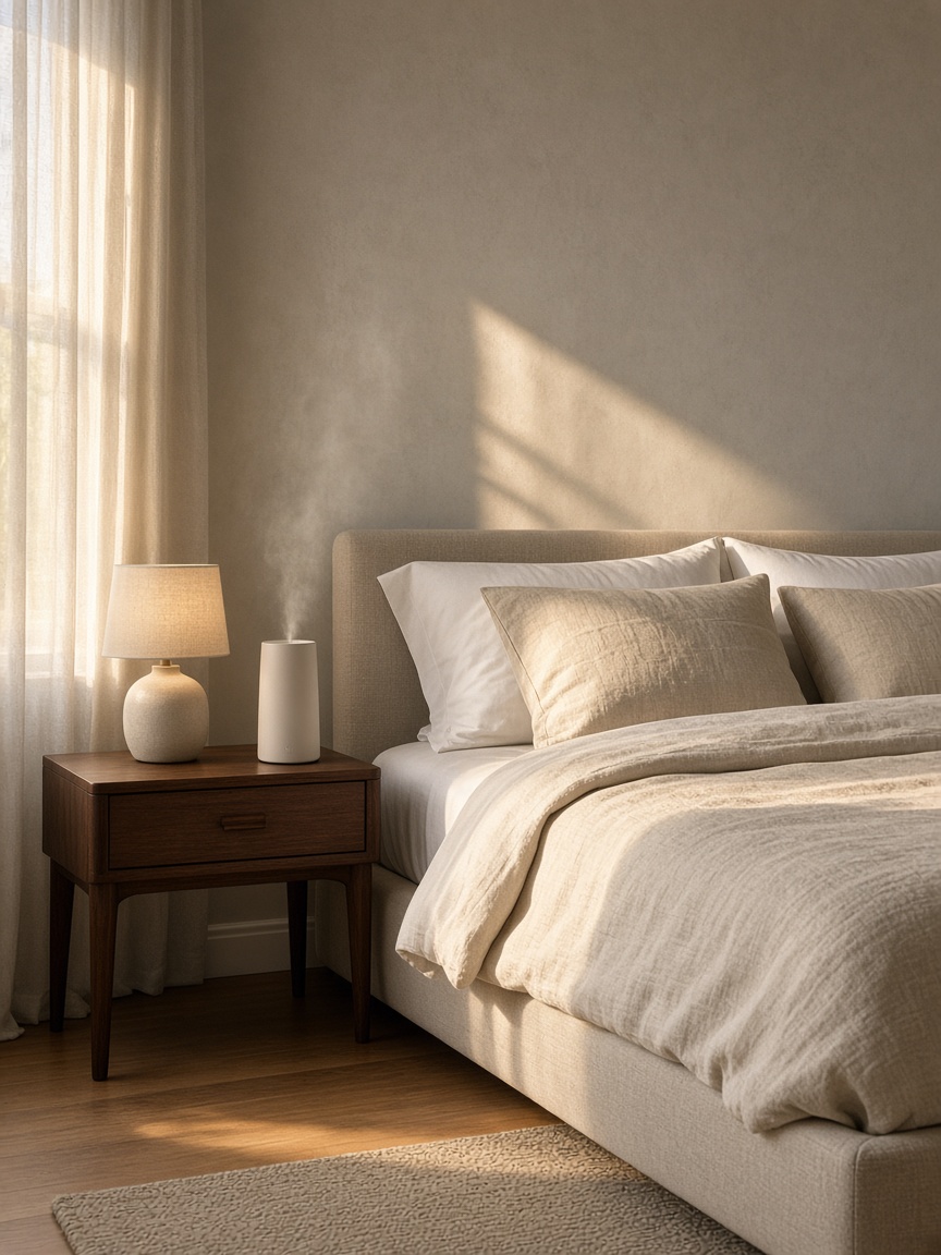 Calm bedroom in golden light with a small humidifier on a walnut bedside table