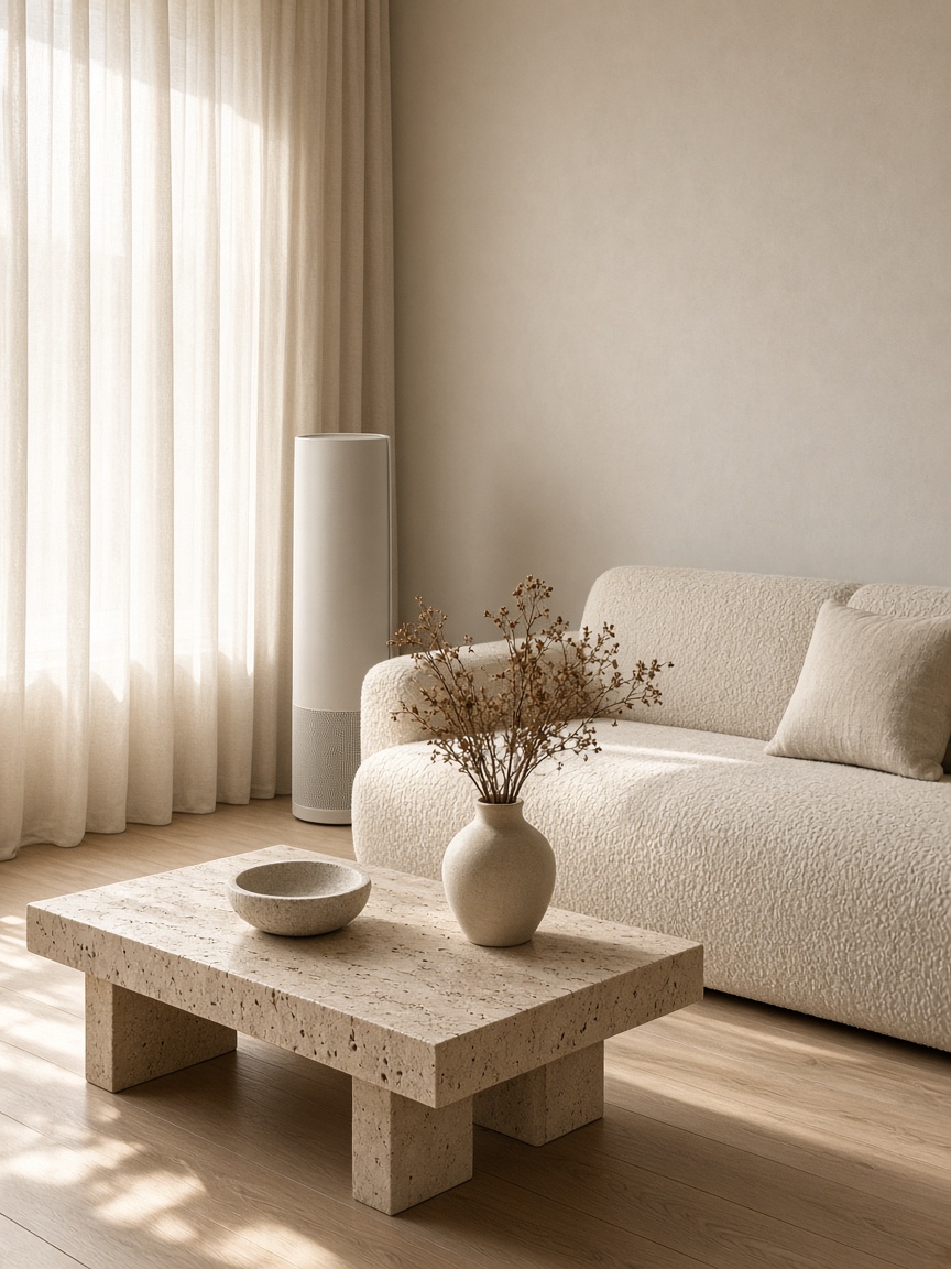 Bright living room with a cream sofa, travertine table, and a slim white air purifier
